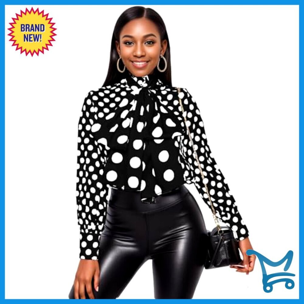 Polka Dot Blouse Long Sleeve Button Up Ruffle Trim Workwear Shirt